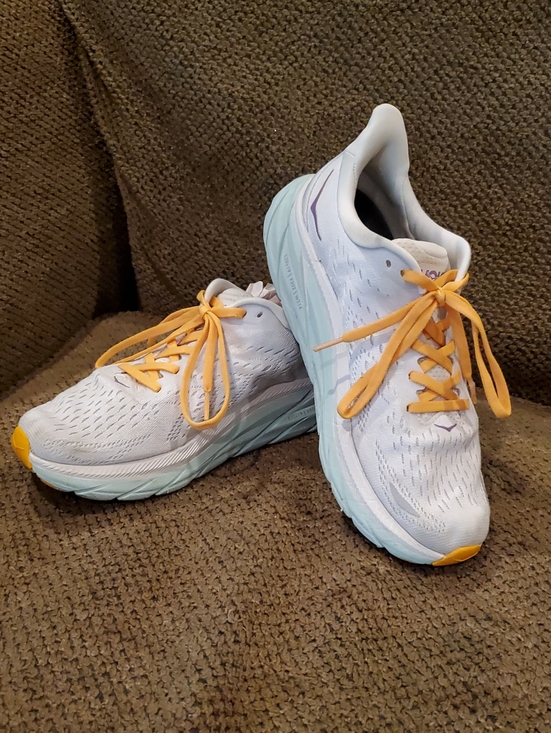 Hoka Shoes - Hoka Clifton 8 Women's White Shoes with Yellow Laces Size 7.5